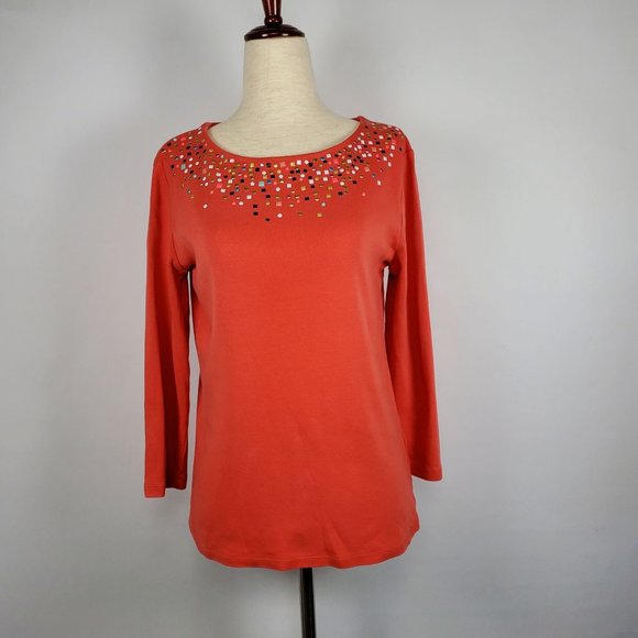 Rafaella Women tops sz S coral 3/4 sleeve embellished  cotton - Picture 6 of 6